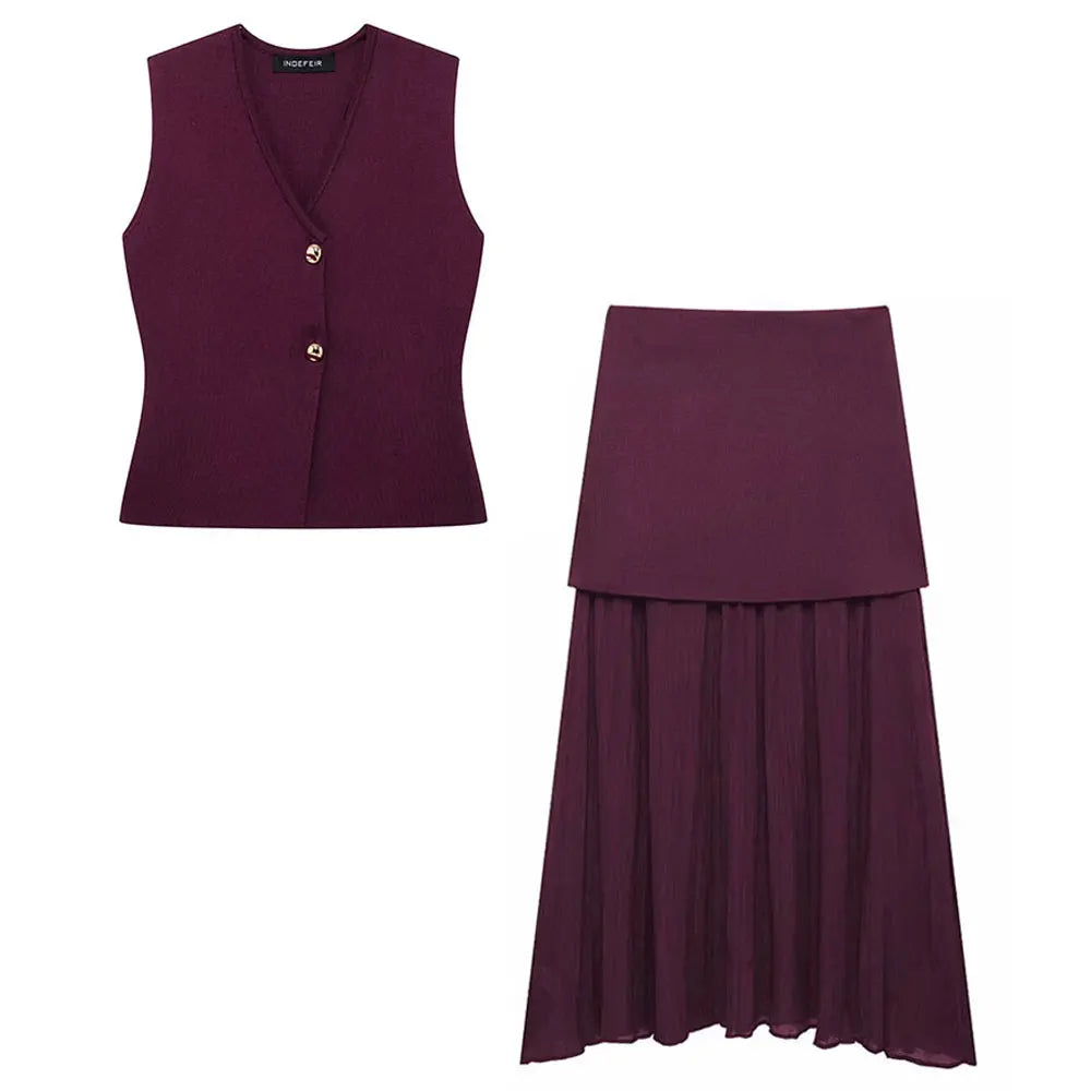 Women's Wine Red Knit Skirt Set