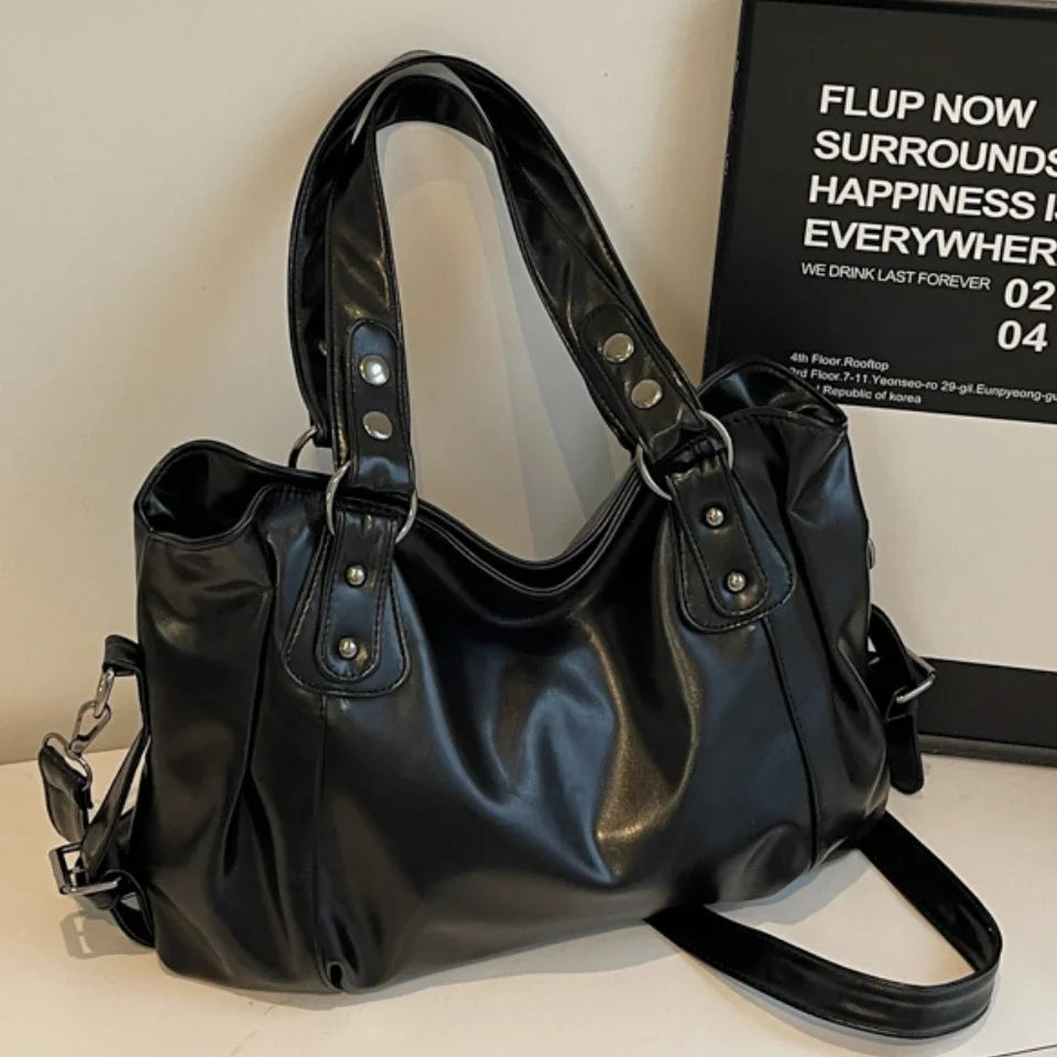Retro Large PU Leather Tote Bag – 3-Way Carry | Shoulder, Crossbody & Handheld