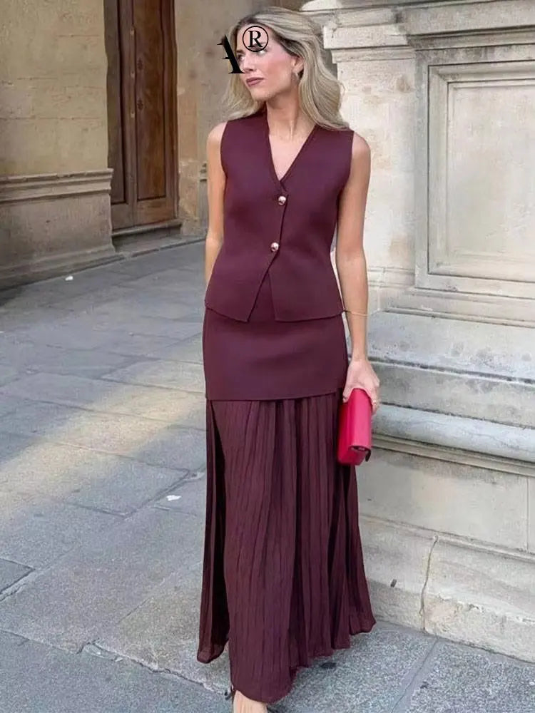 Women's Wine Red Knit Skirt Set
