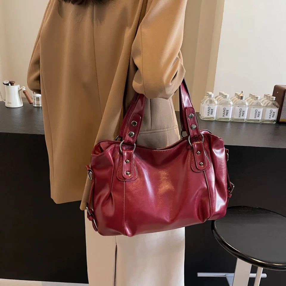 Retro Large PU Leather Tote Bag – 3-Way Carry | Shoulder, Crossbody & Handheld