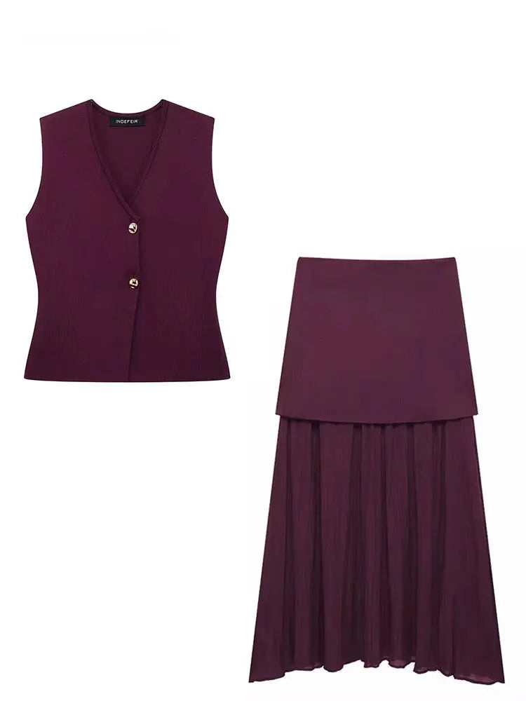 Women's Wine Red Knit Skirt Set
