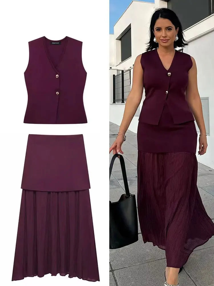 Women's Wine Red Knit Skirt Set