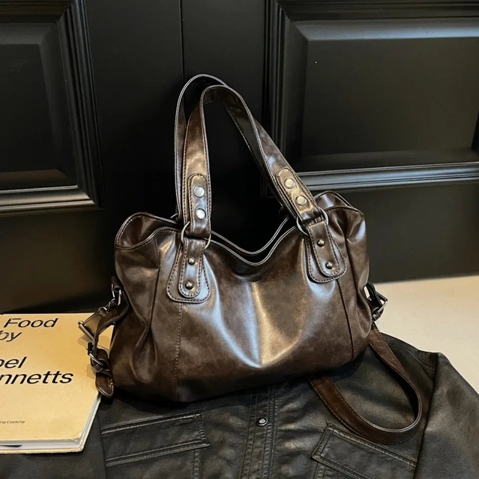 Retro Large PU Leather Tote Bag – 3-Way Carry | Shoulder, Crossbody & Handheld