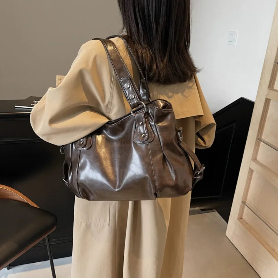 Retro Large PU Leather Tote Bag – 3-Way Carry | Shoulder, Crossbody & Handheld