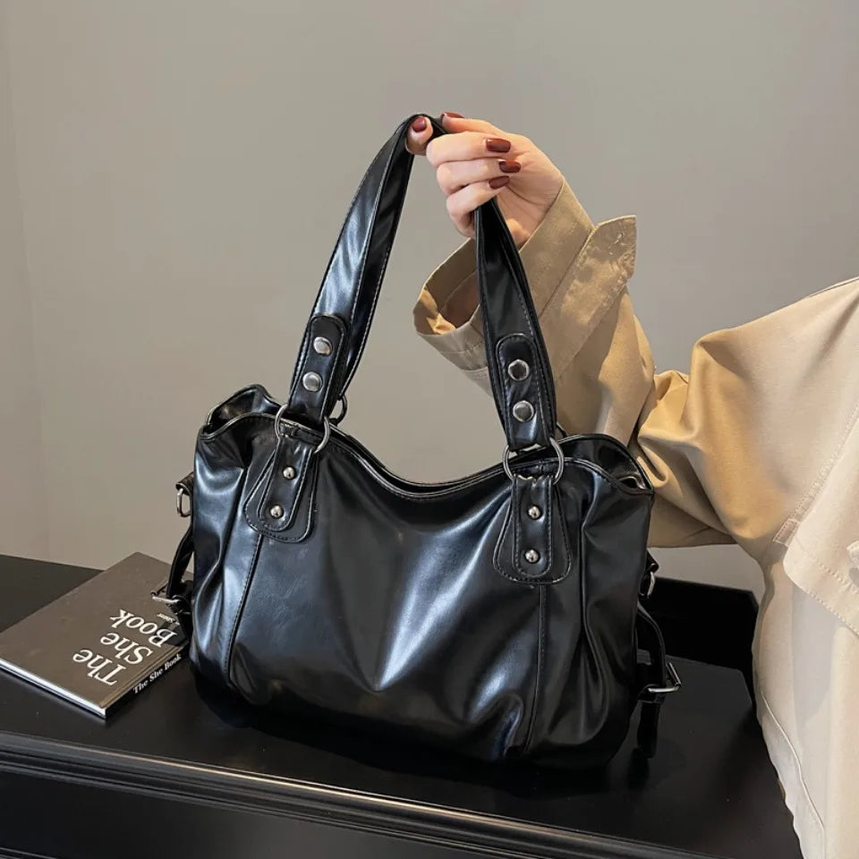 Retro Large PU Leather Tote Bag – 3-Way Carry | Shoulder, Crossbody & Handheld