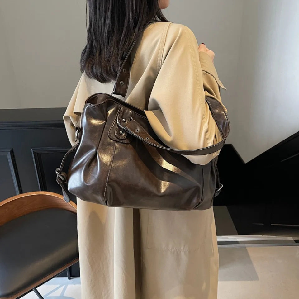 Retro Large PU Leather Tote Bag – 3-Way Carry | Shoulder, Crossbody & Handheld