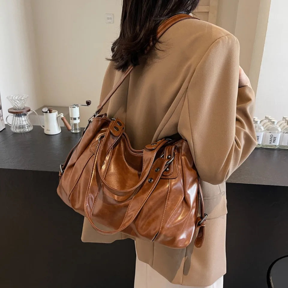 Retro Large PU Leather Tote Bag – 3-Way Carry | Shoulder, Crossbody & Handheld