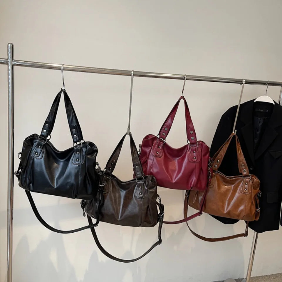 Retro Large PU Leather Tote Bag – 3-Way Carry | Shoulder, Crossbody & Handheld