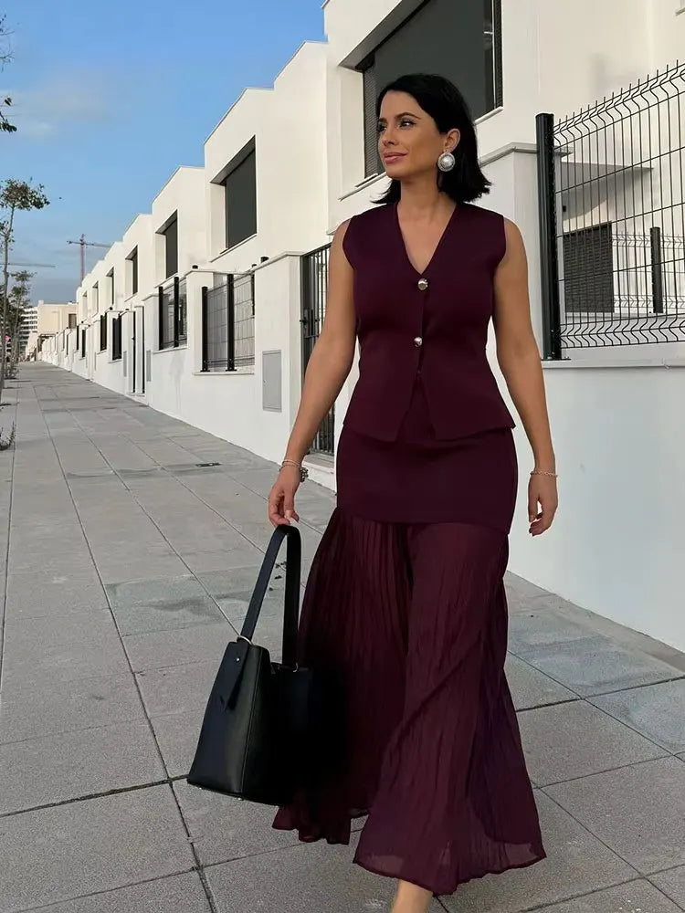 Women's Wine Red Knit Skirt Set
