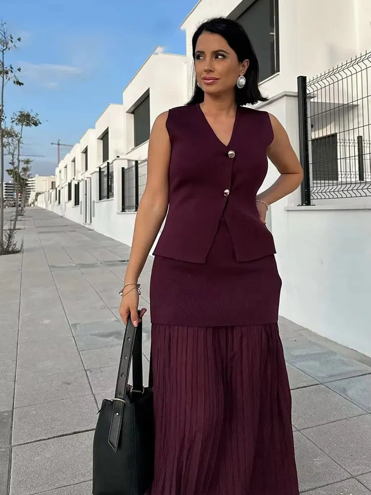 Women's Wine Red Knit Skirt Set